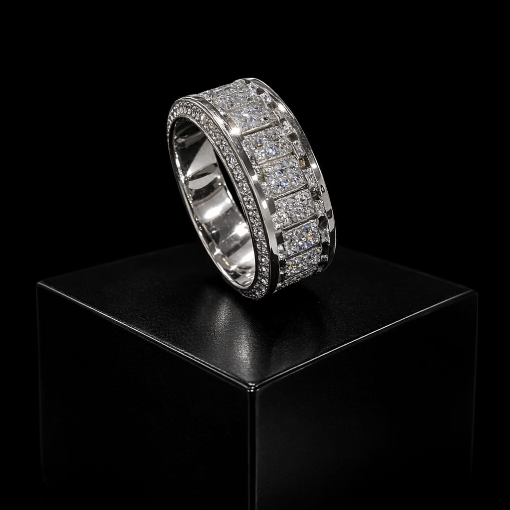 Luxury Silver Multi-Row Crystal Studded Band Ring