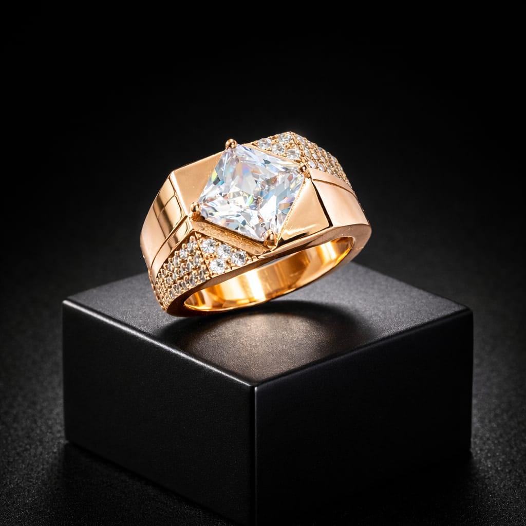 Luxury Rose Gold Princess-Cut Crystal Statement Ring