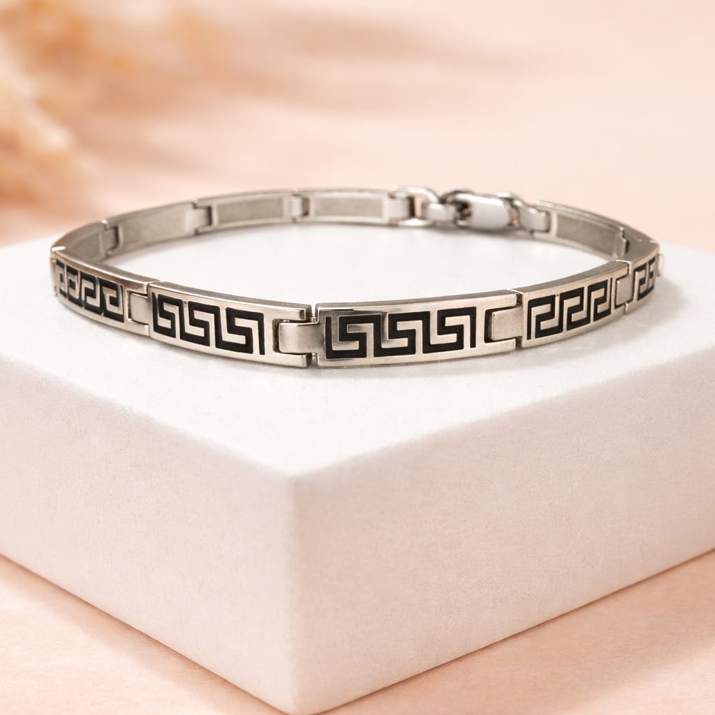 Modern Silver Greek Key Pattern Bracelet