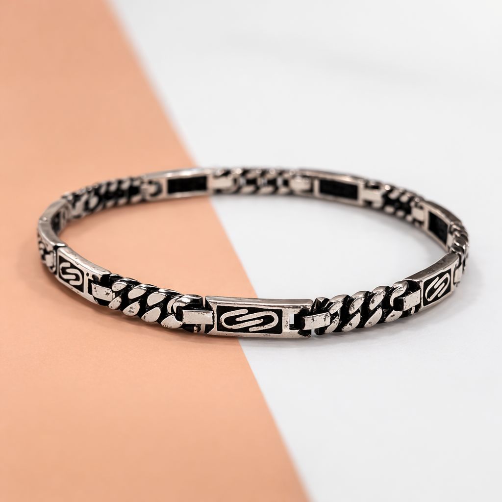 Silver Oxidized Pattern Link Bracelet