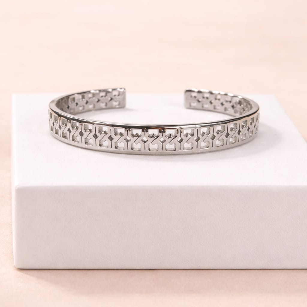 Silver Geometric Cutwork Cuff Open Kada