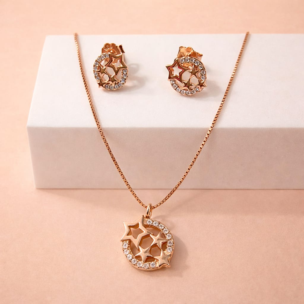 Rose Gold Star & Moon Pendant  Set