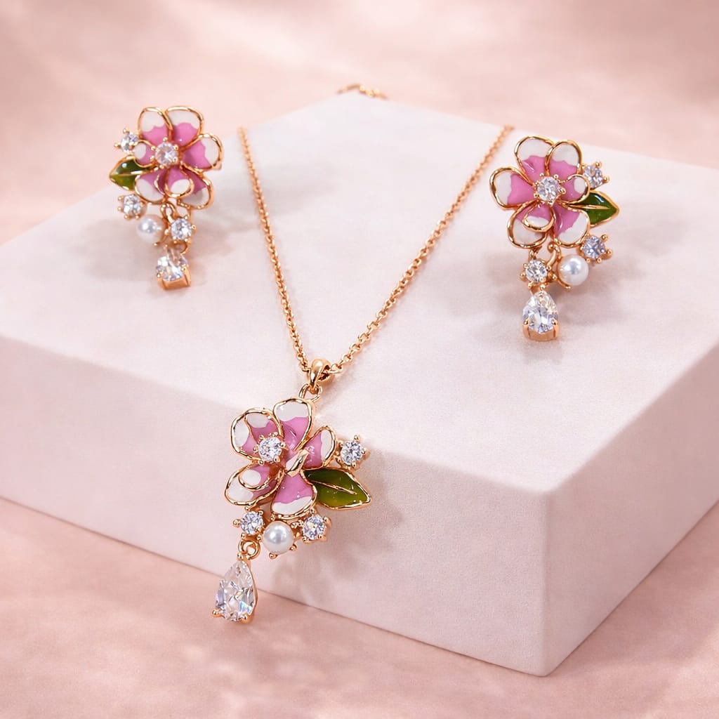 Rose Gold Pink Floral Enamel Pendant Set