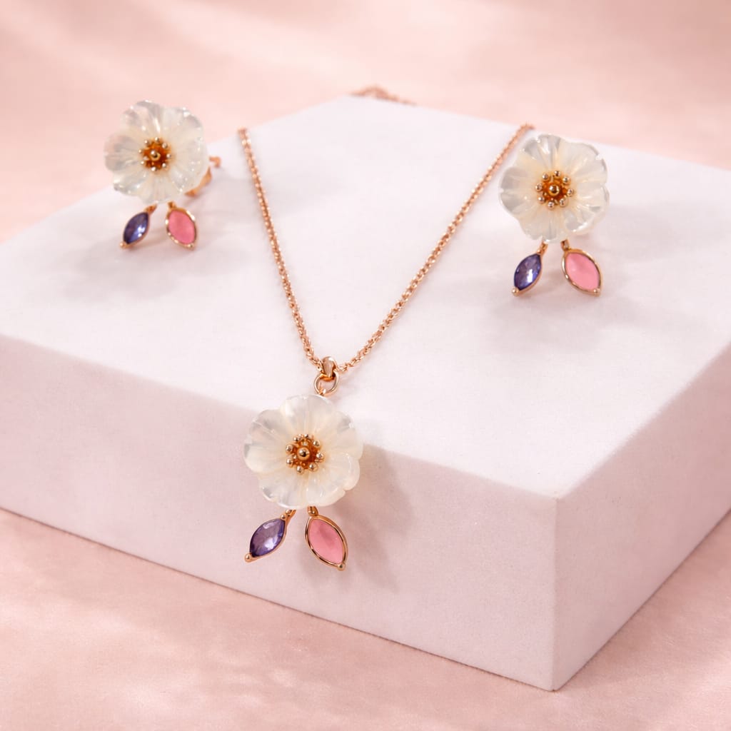 Rose Gold White Floral Pendant MOP Set