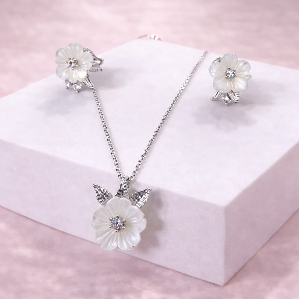 Silver White MOP Floral Pendant Set