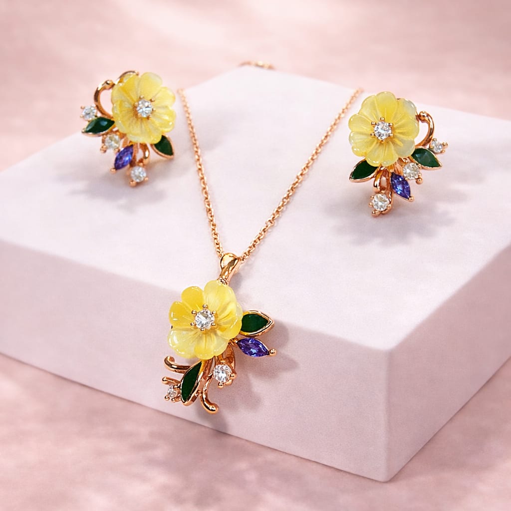 Rose Gold Yellow Floral MOP Pendant Set