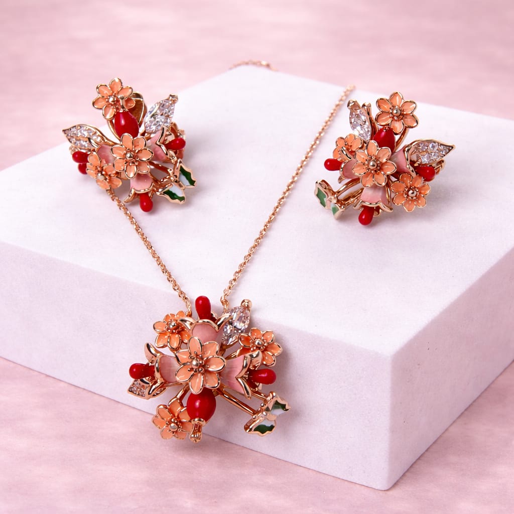 Rose Gold Coral Floral Pendant Set