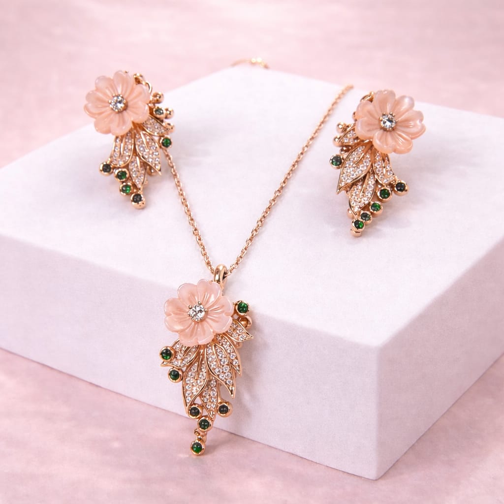 Rose Gold Peach Floral MOP Pendant Set