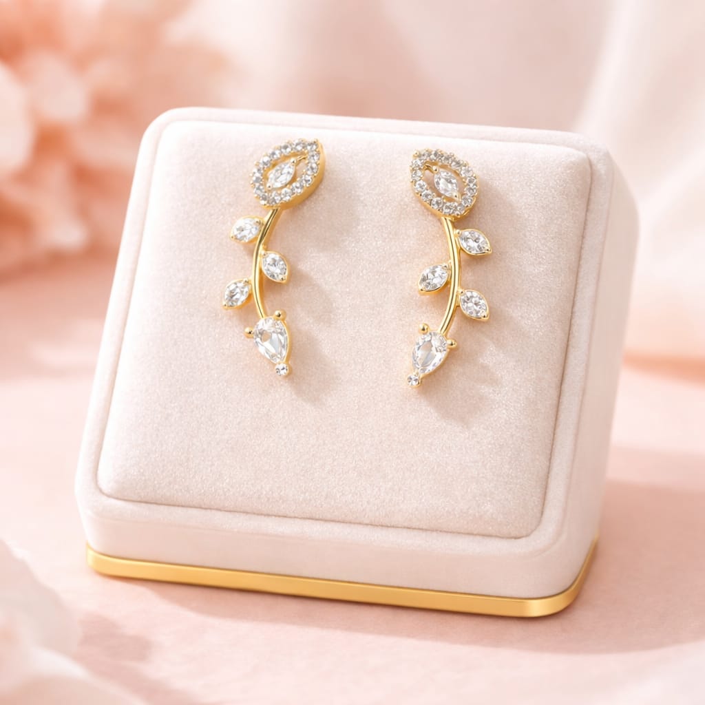 Gold Minimal Vine Ear Climber Earrings with CZ Stones