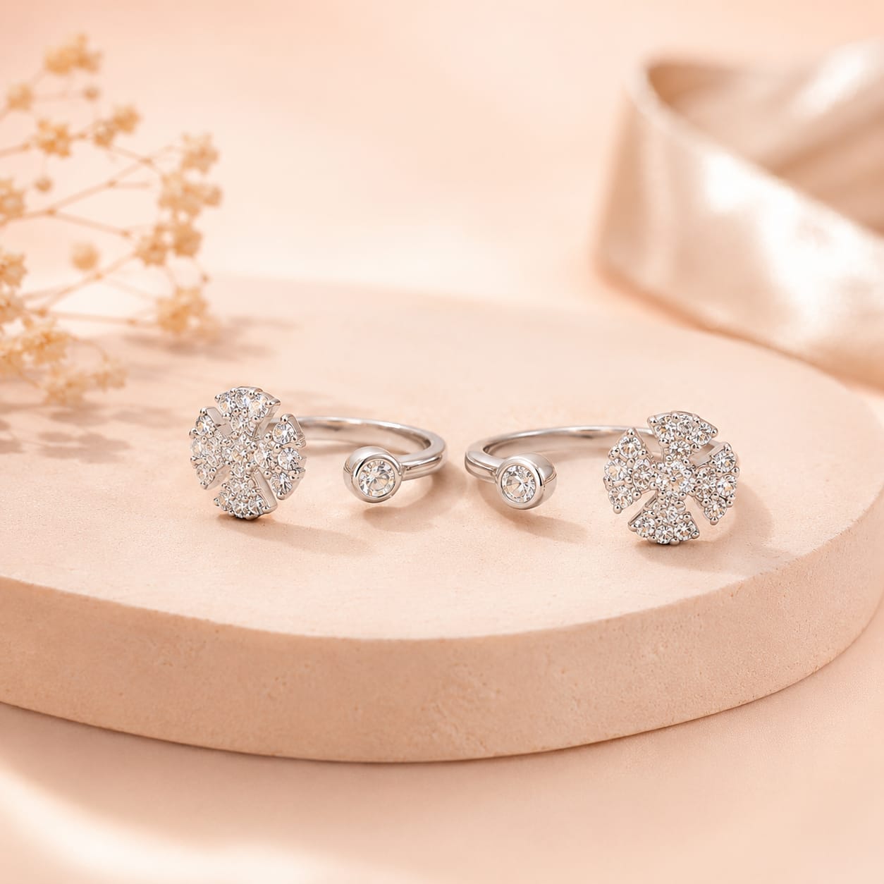 Floral Dual Motif Adjustable Toe Ring in 925 Sterling Silver