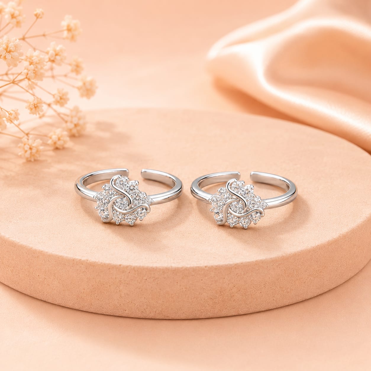 Swirl Floral CZ Adjustable Toe Ring in 925 Sterling Silver