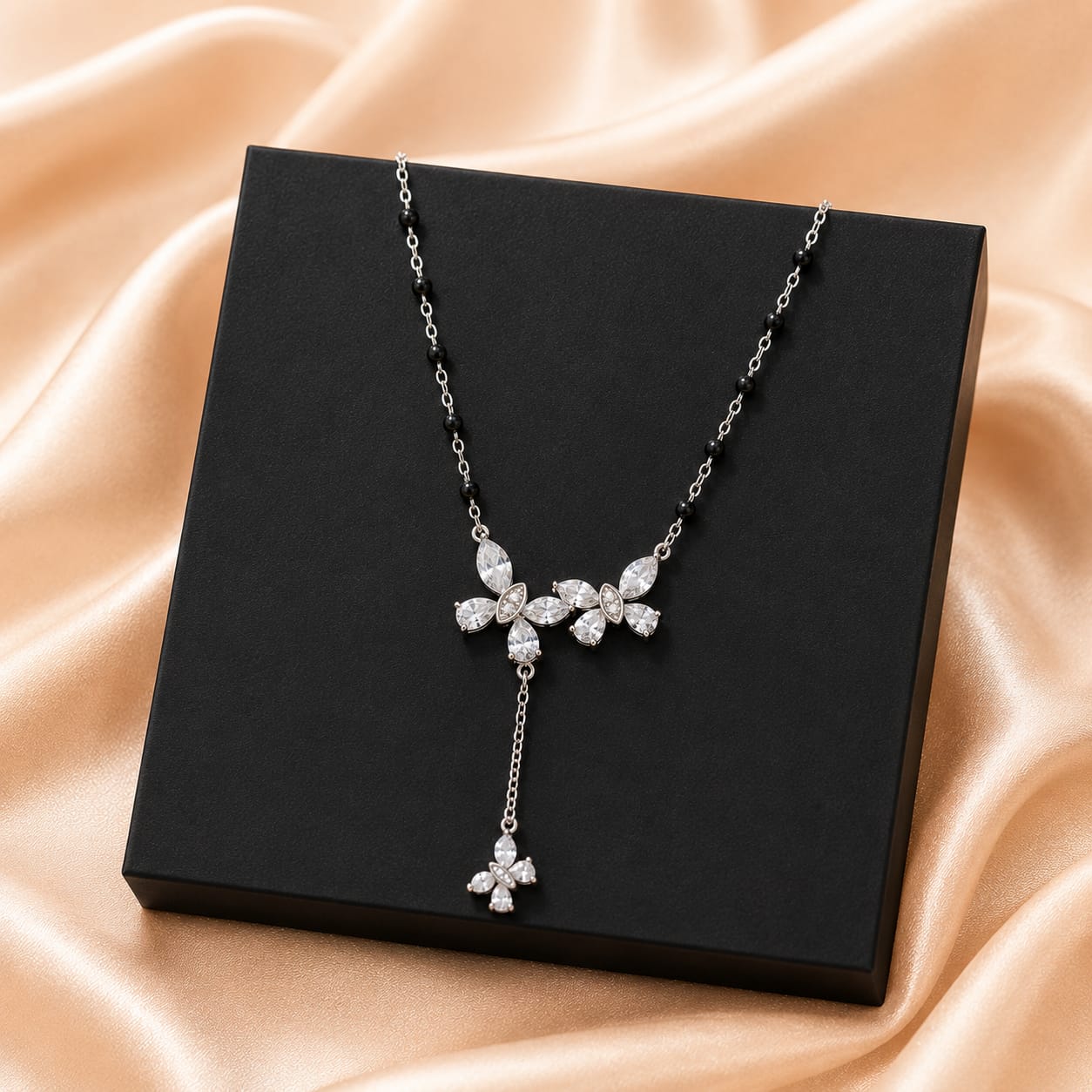 Butterfly Drop CZ Black Beads Chain