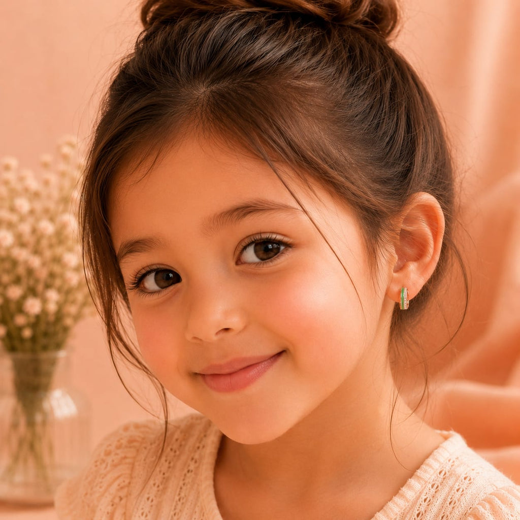 Green Enamel CZ Kids Hoop Earrings in Rose Gold