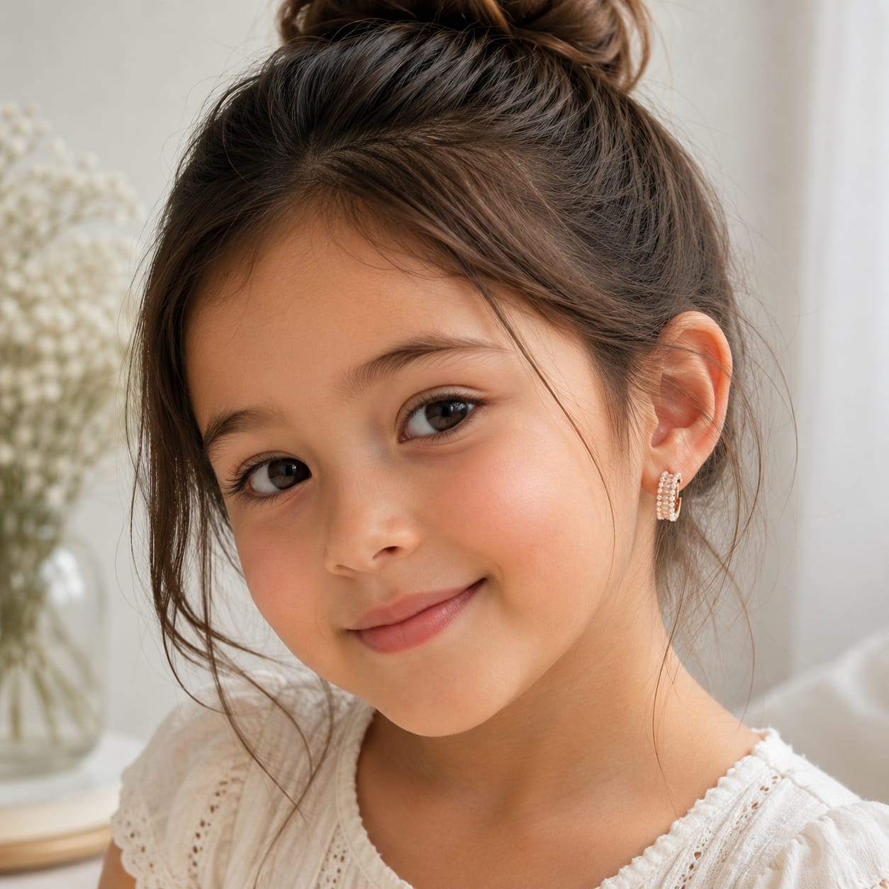Pearl & CZ Kids Hoop Earrings in Rose Gold