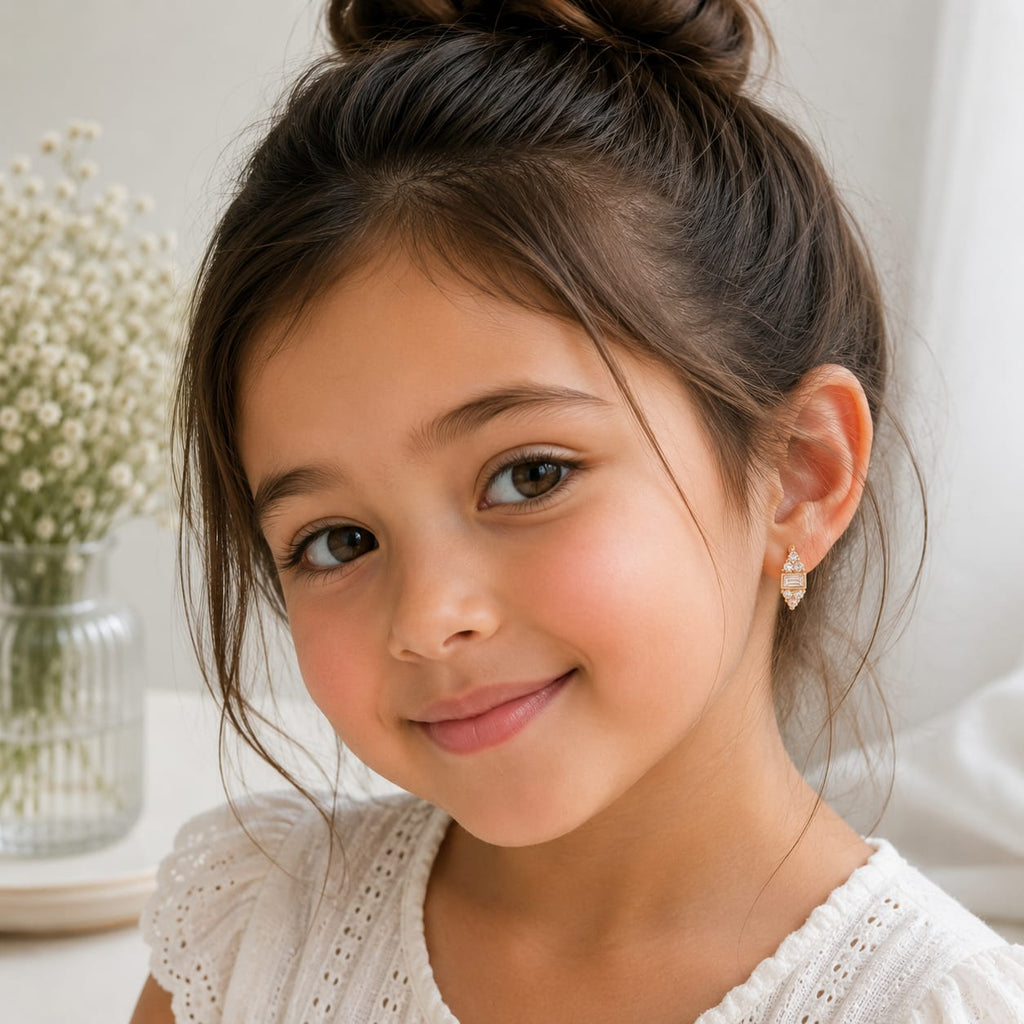 Baguette CZ Kids Hoop Earrings in Rose Gold