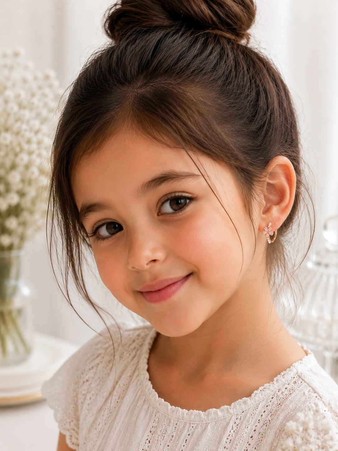 Floral CZ & Pearl Kids Hoop Earrings in Rose Gold