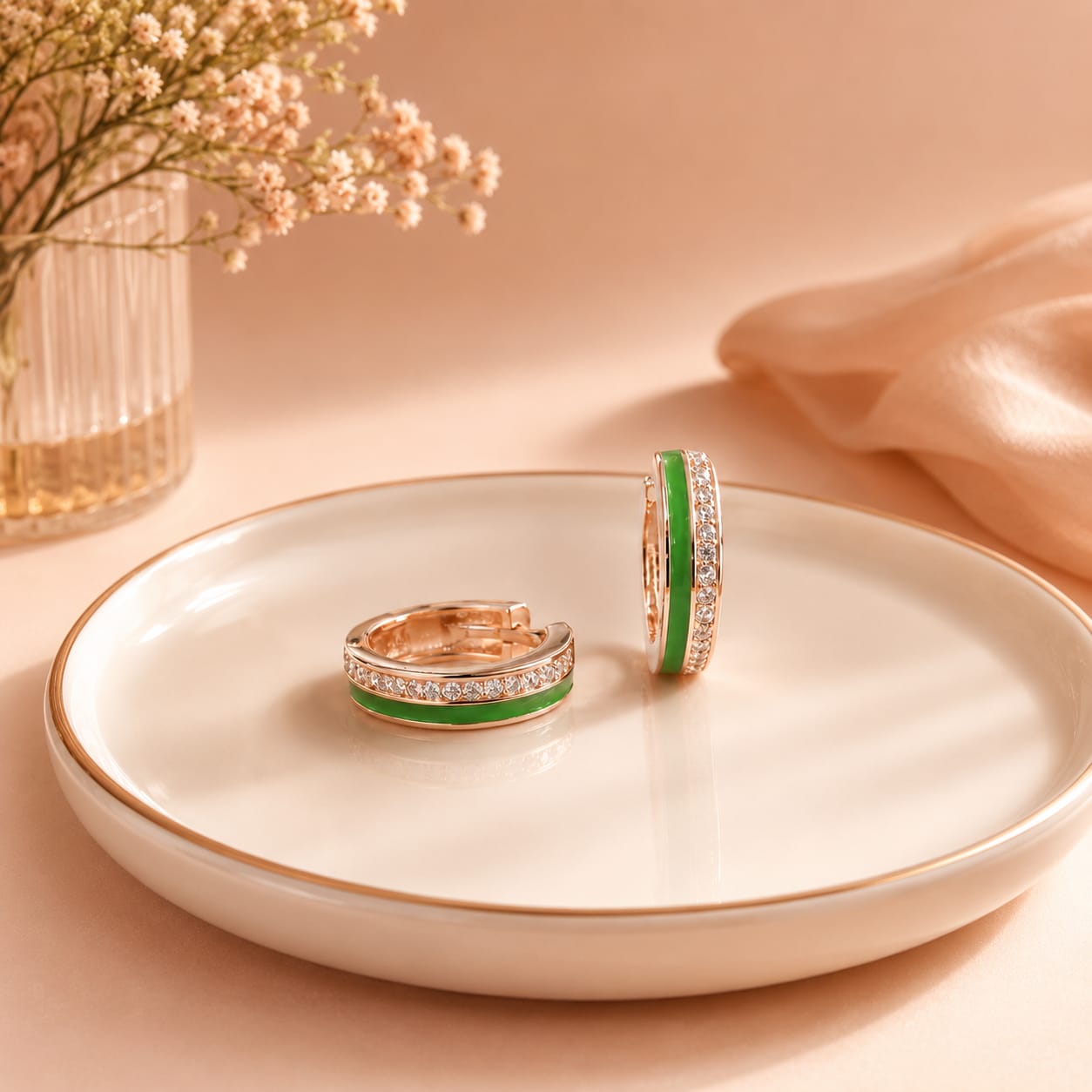 Green Enamel CZ Kids Hoop Earrings in Rose Gold