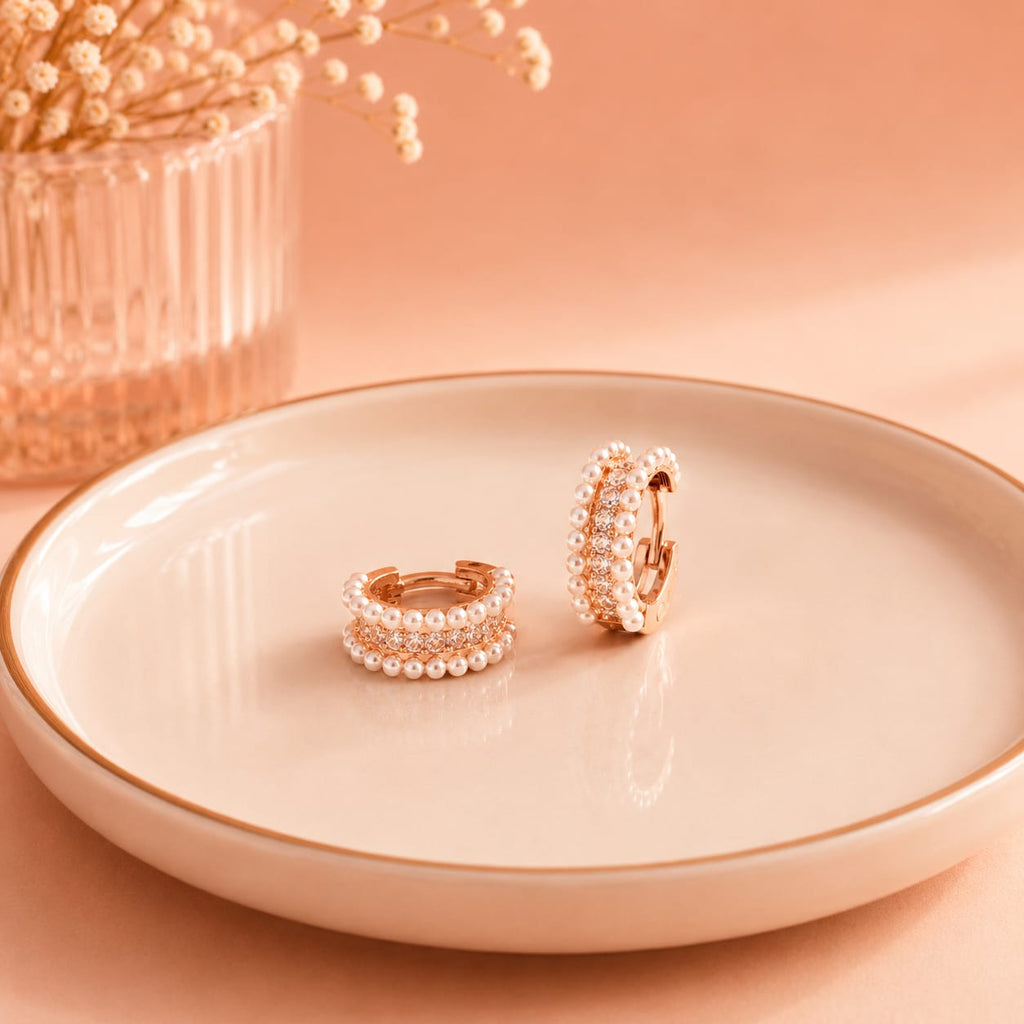 Pearl & CZ Kids Hoop Earrings in Rose Gold
