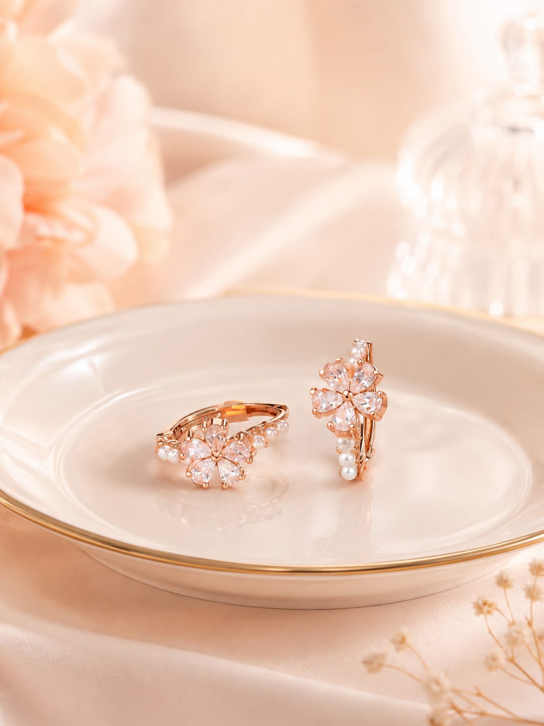 Floral CZ & Pearl Kids Hoop Earrings in Rose Gold