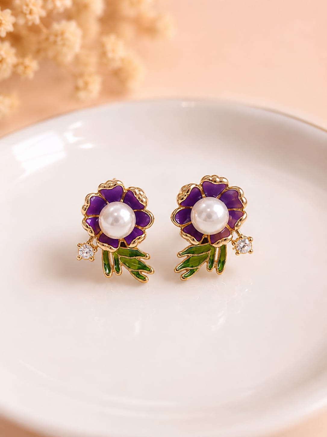 Violet Bloom Pearl Stud Earrings