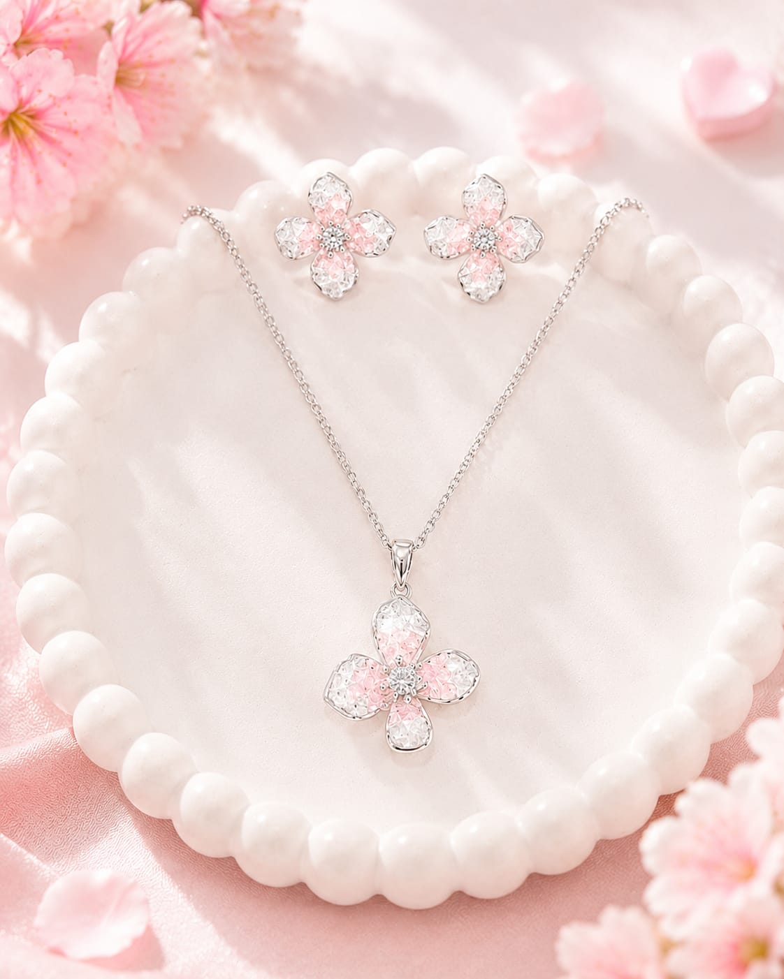 Blush Bloom Silver Floral Pendant Set