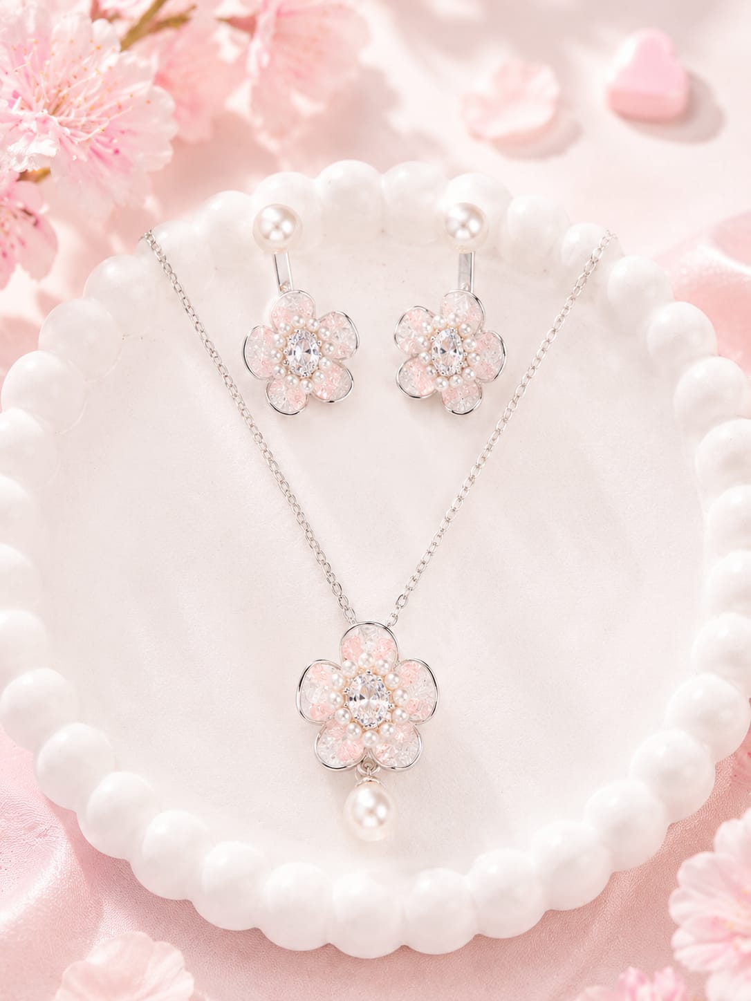 Blush Pearl Bloom Silver Pendant Set