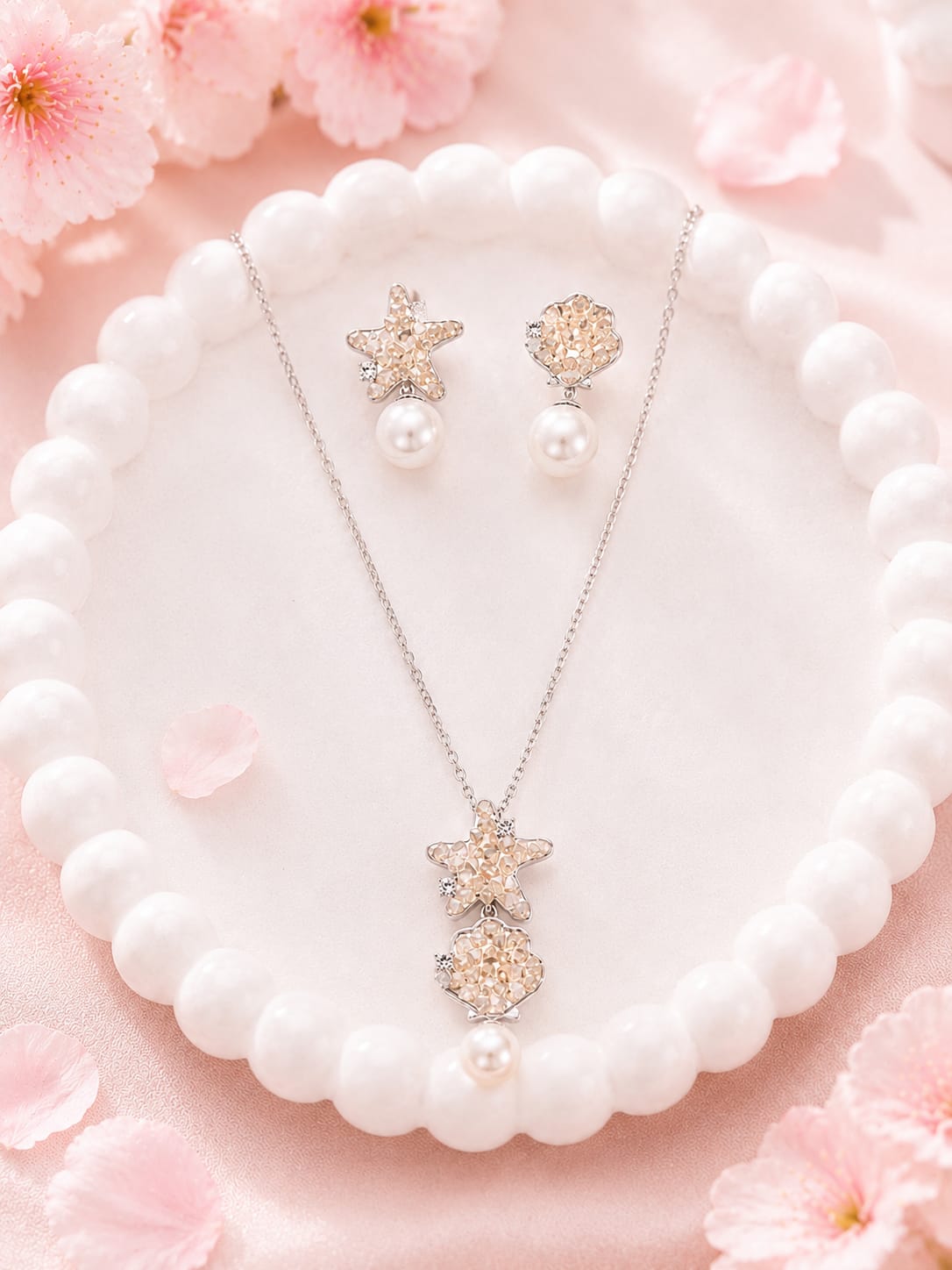 Golden Pearl Star Bloom Silver Pendant Set