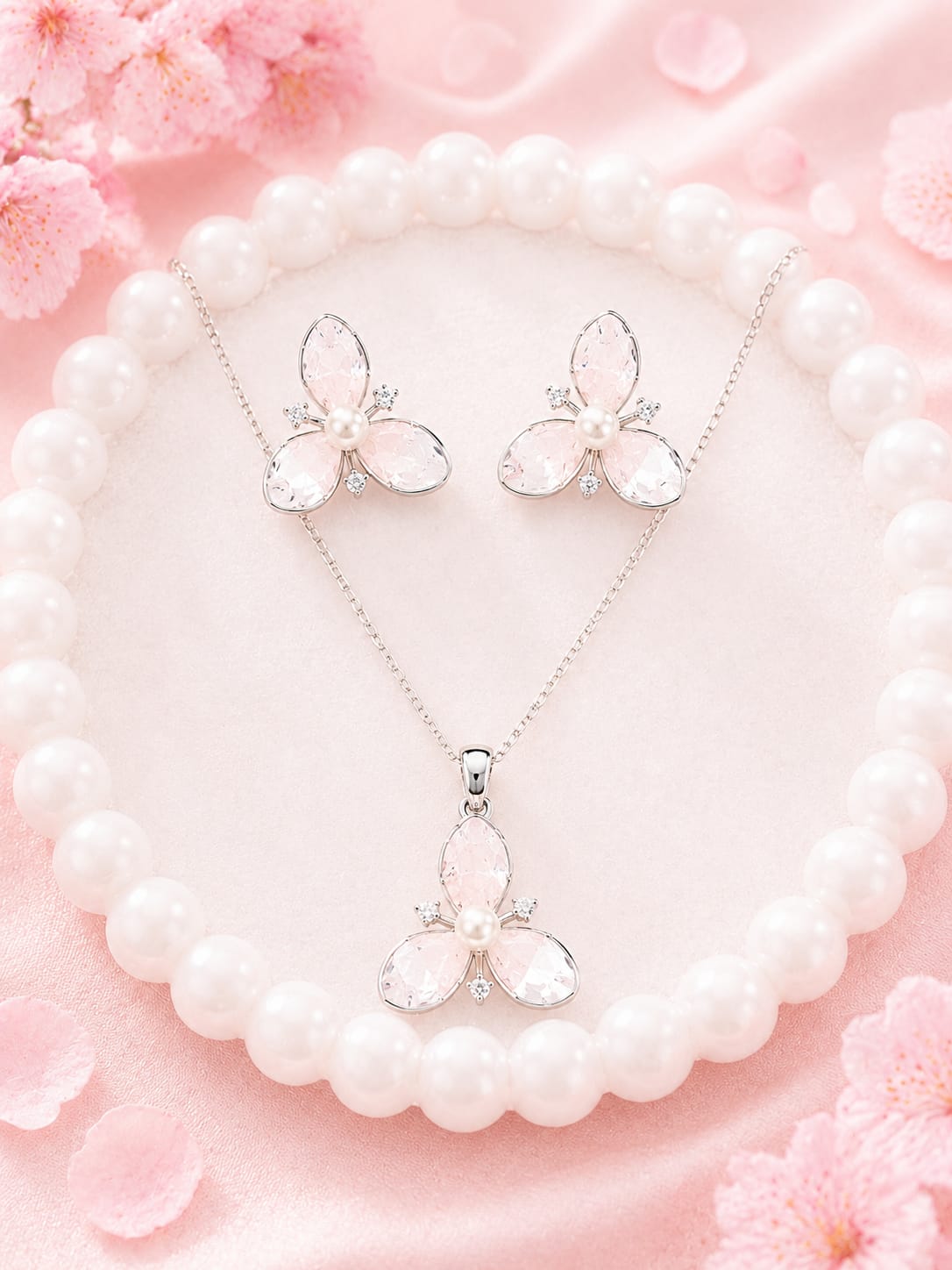 Blush Petal Pearl Silver Pendant Set
