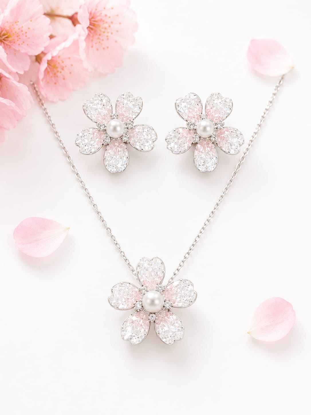 Blush Crystal Daisy Pearl Silver Pendant Set