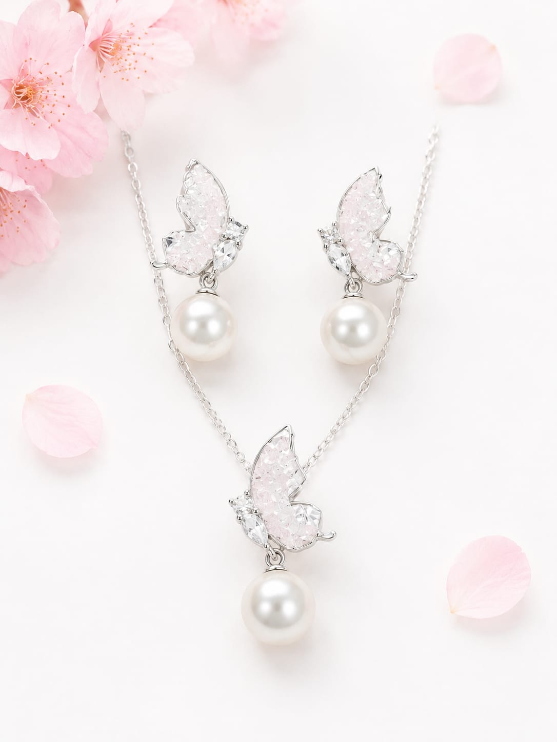 Blush Butterfly Pearl Silver Pendant Set