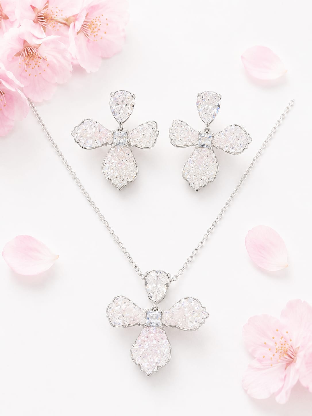 Blush Crystal Petal Elegance Silver Pendant Set