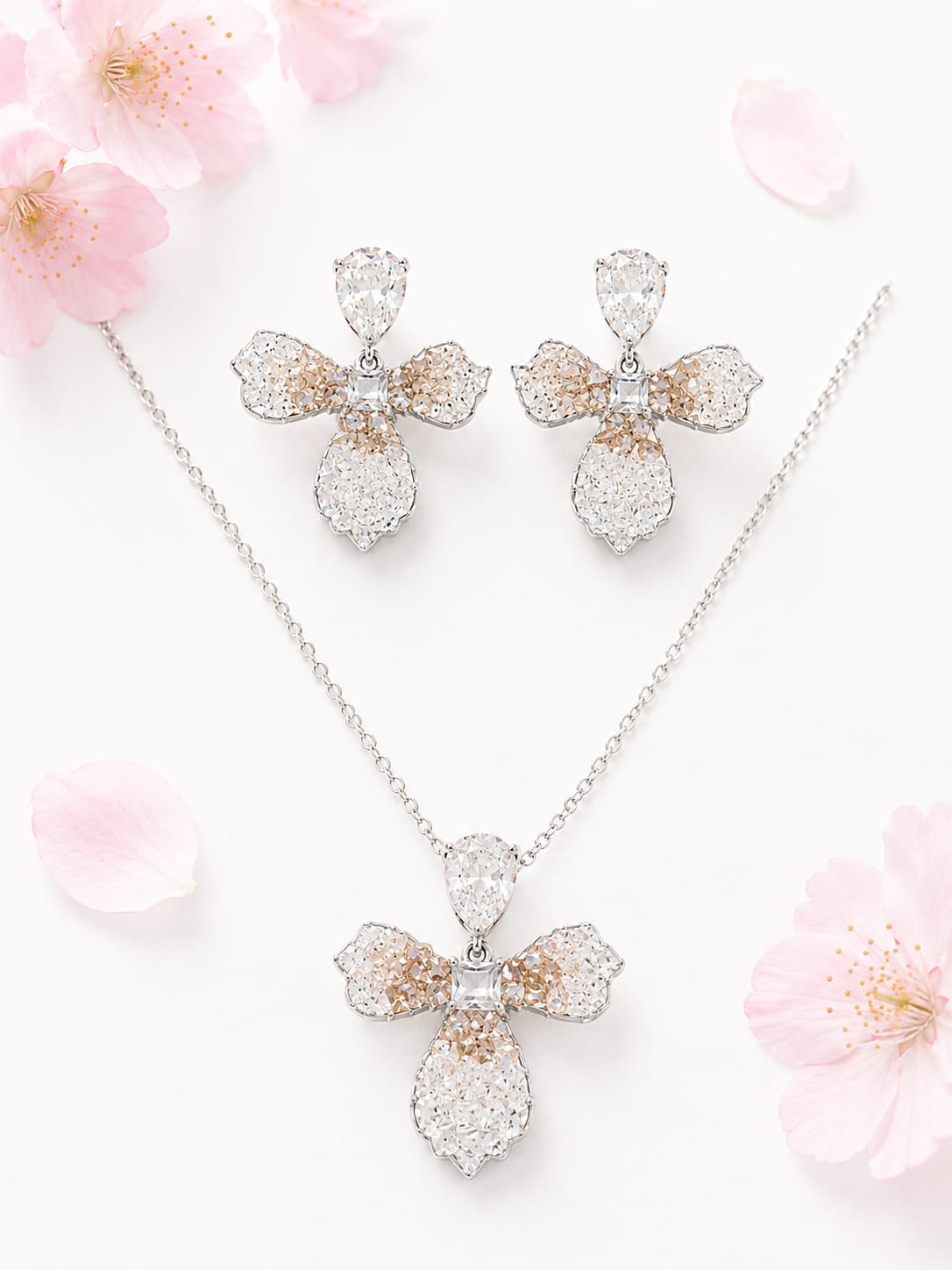 Champagne Crystal Petal Silver Pendant Set