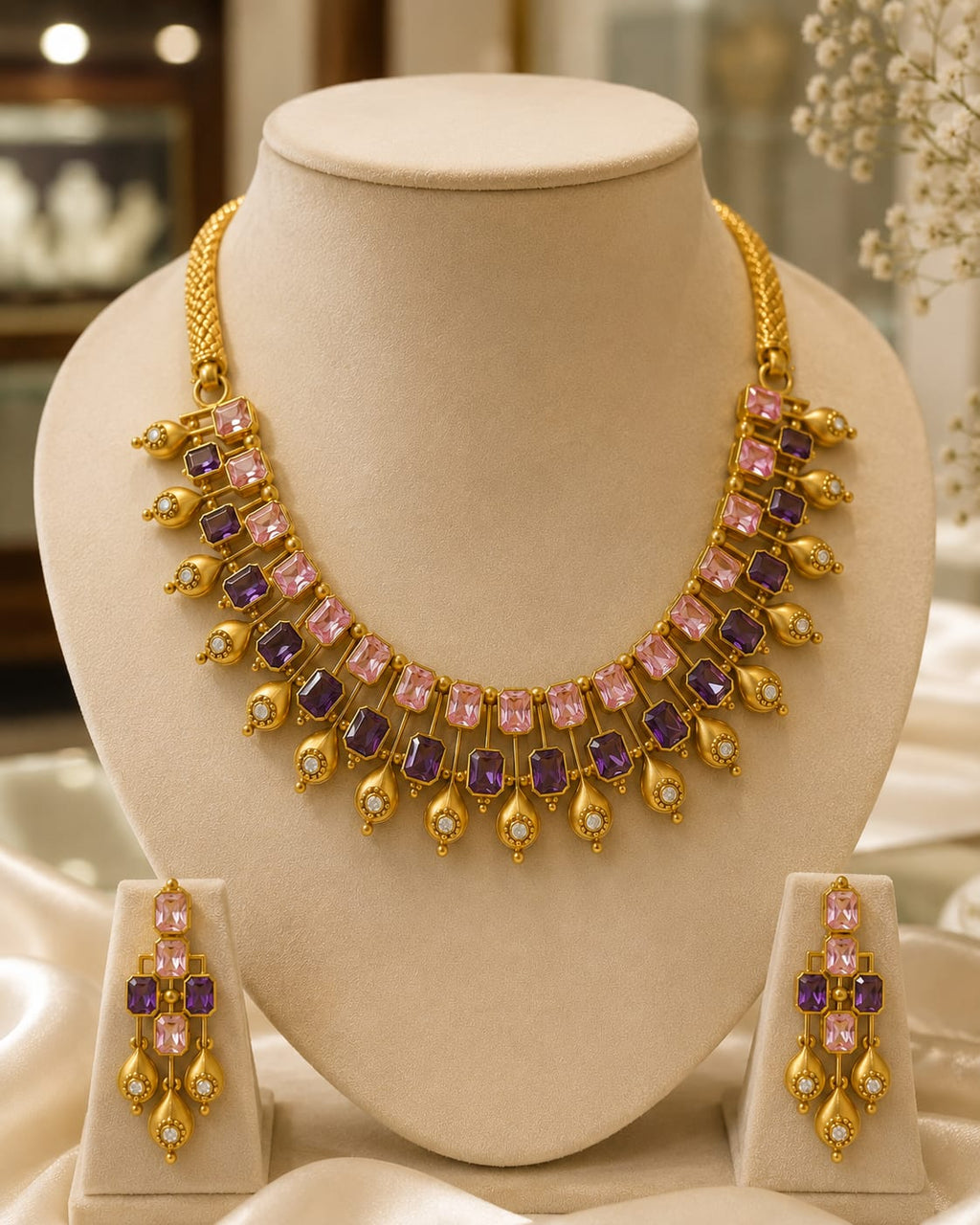 Royal Amethyst Gold Statement Necklace Set