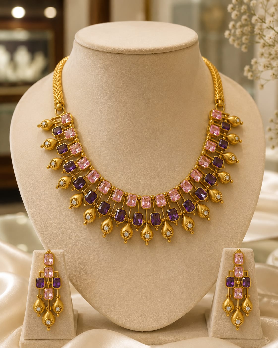 Royal Amethyst Gold Statement Necklace Set