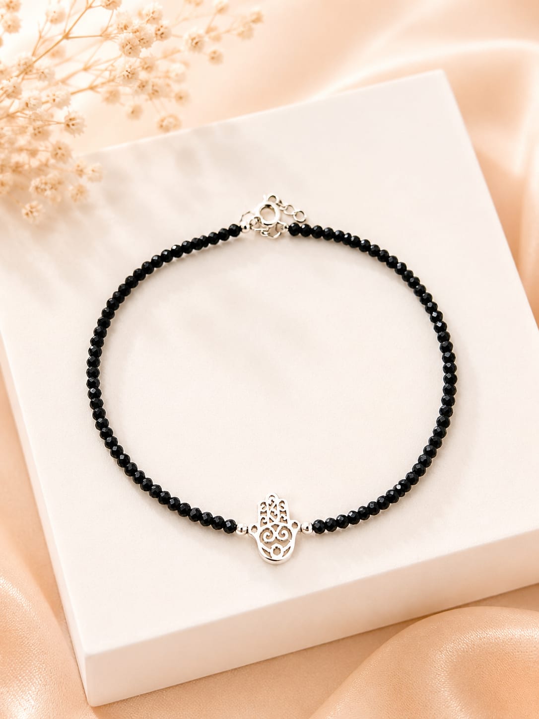 Black Nazar Silver Hamsa Hand Charm Anklet