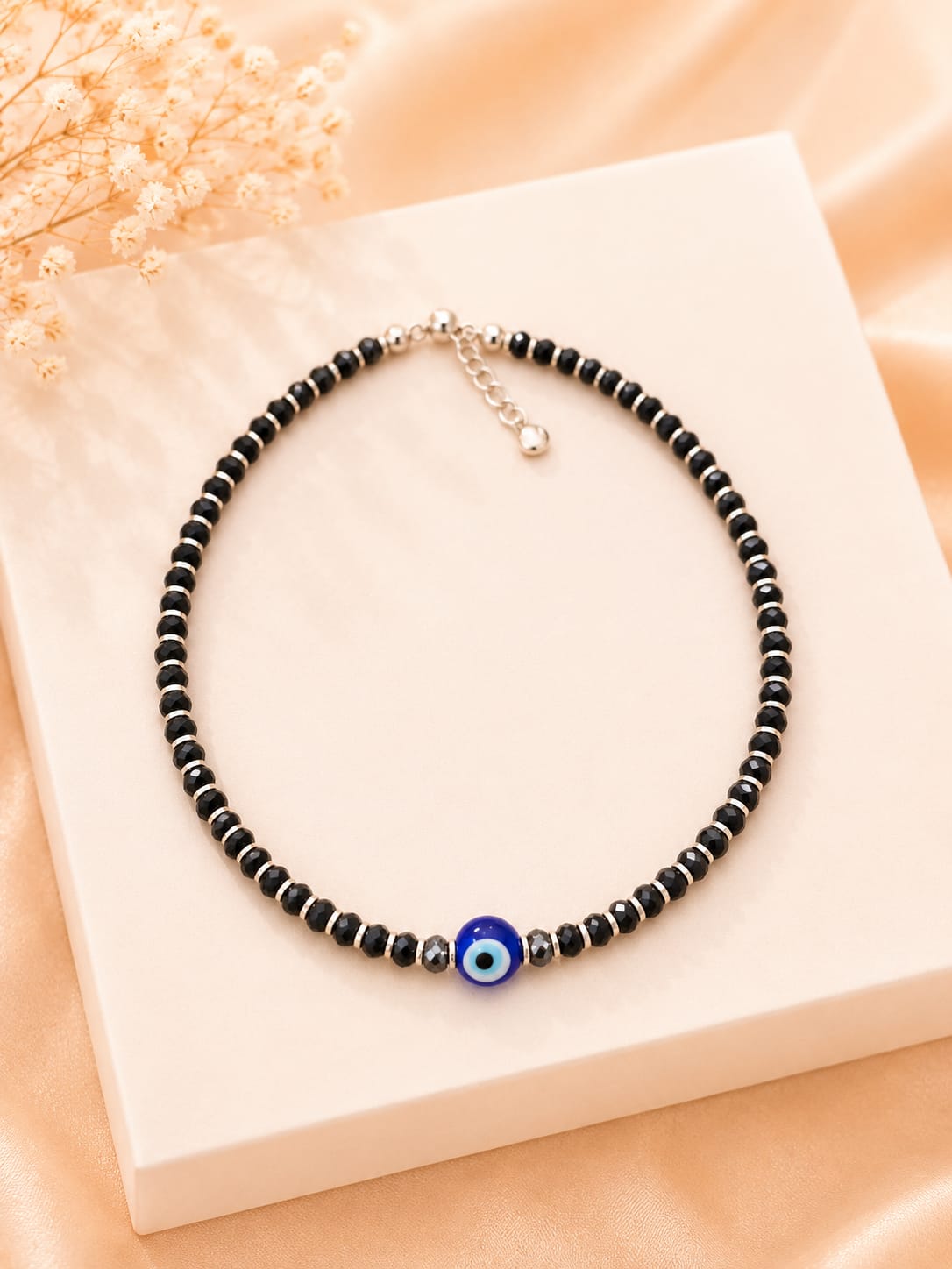 Adjustable Black Nazar Blue Evil Eye Silver Anklet
