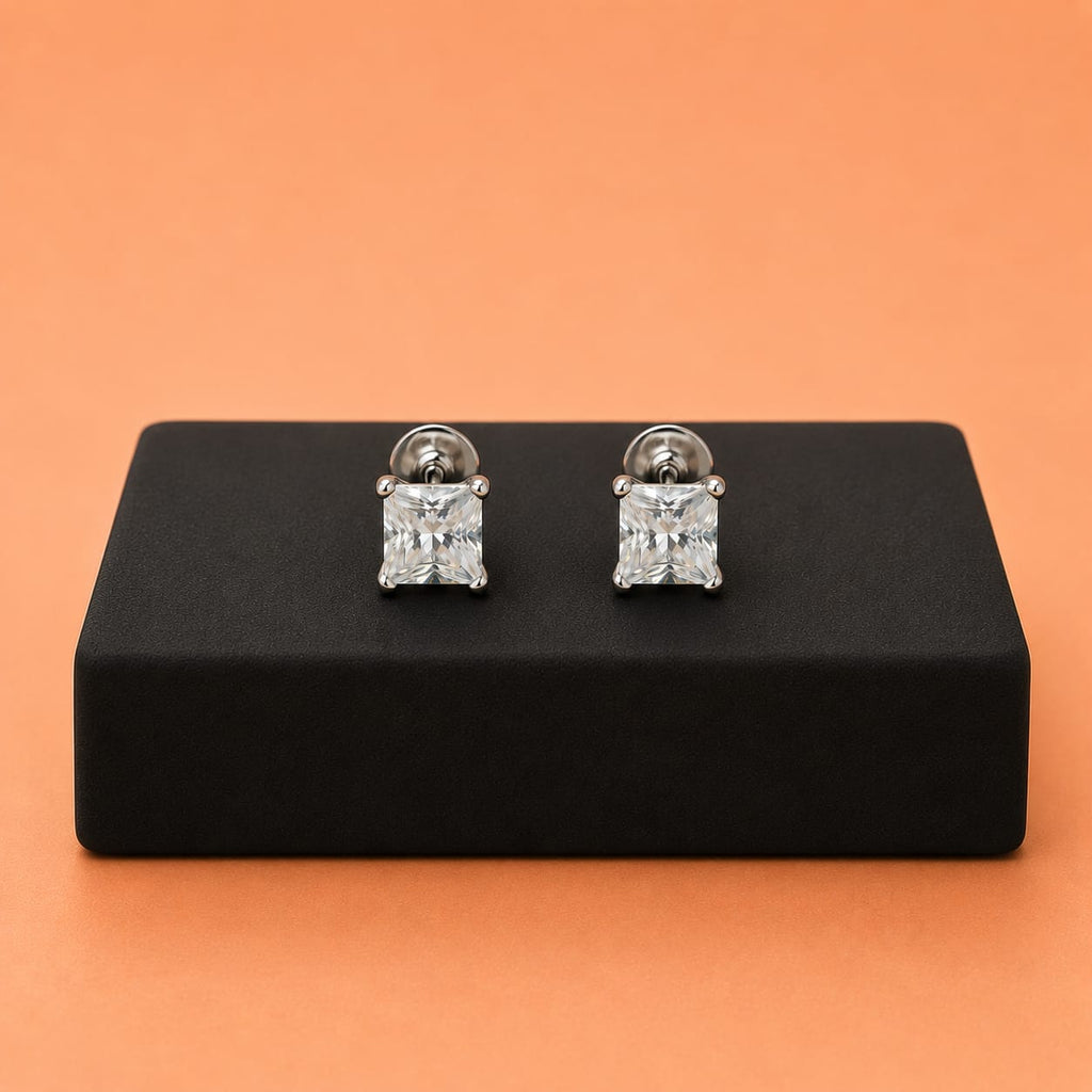 Radiant Princess Cut Solitaire Stud Earrings (Single / Pair)