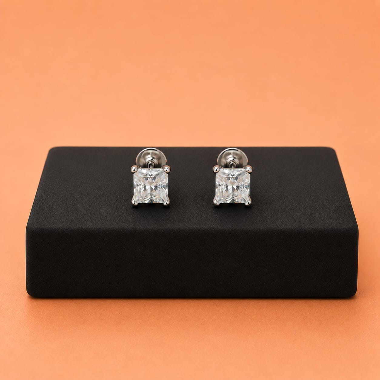 Radiant Princess Cut Solitaire Stud Earrings (Single / Pair)