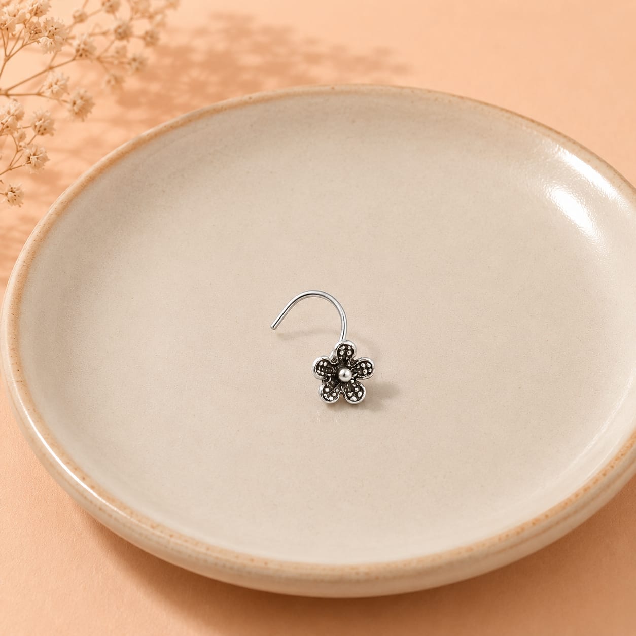 Floral Oxidized Silver Piercing Nose Pin