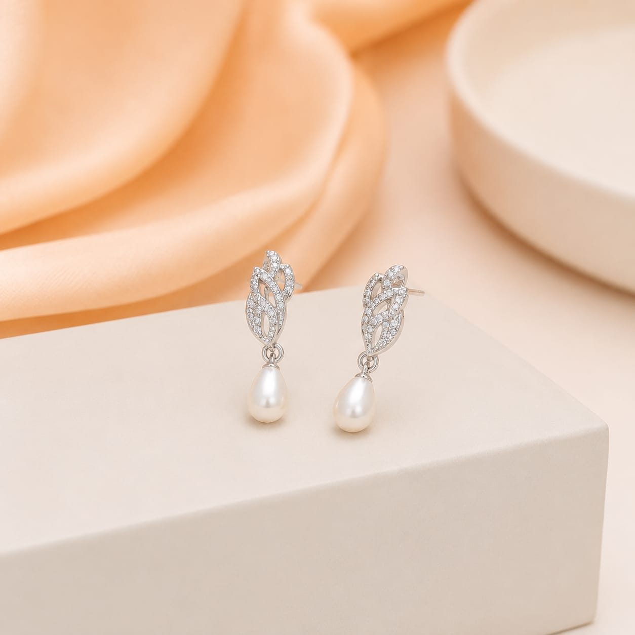 Silver CZ Leaf Pearl Drop Earrings