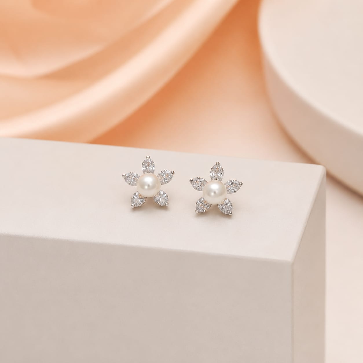 Silver Pearl Flower CZ Stud Earrings