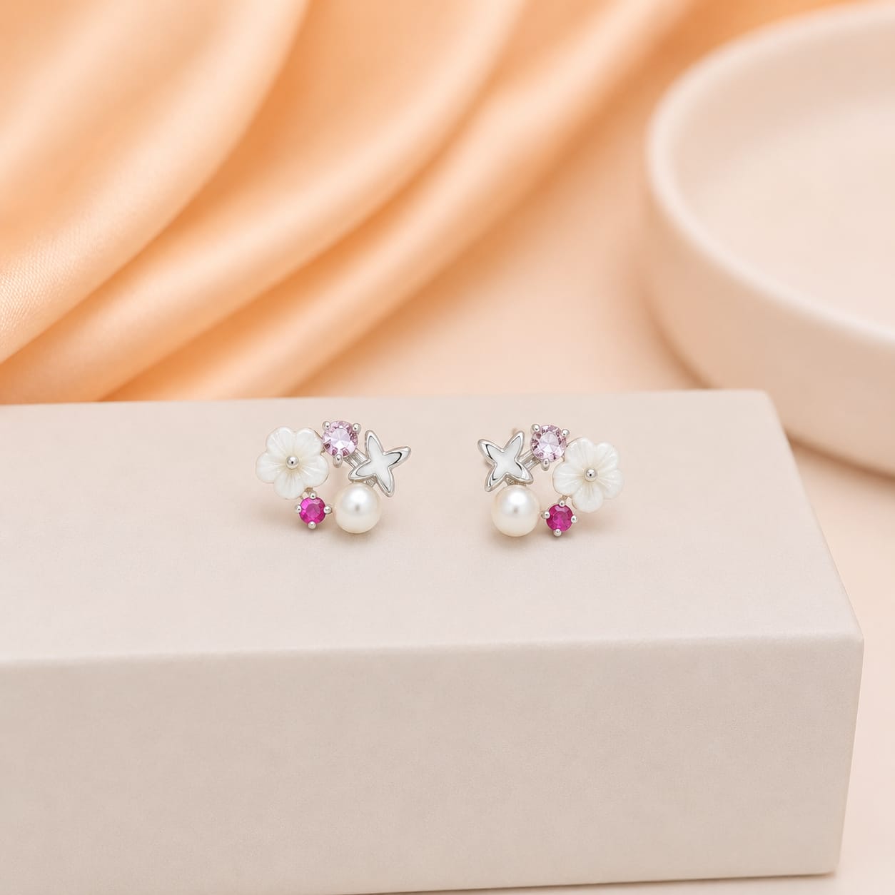 Silver Floral Pearl Butterfly Stud Earrings