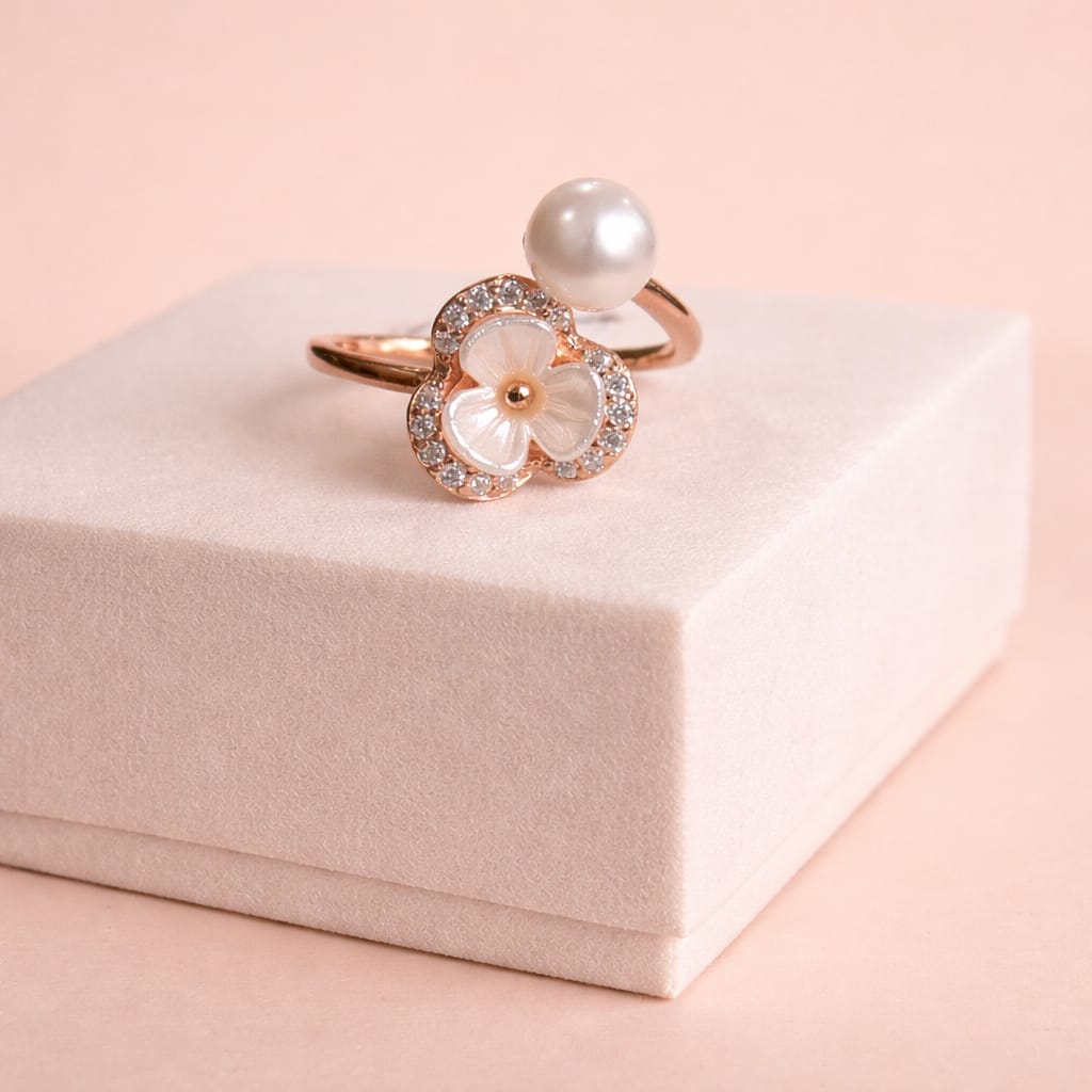Rose Gold Floral Pearl Adjustable Ring for Women