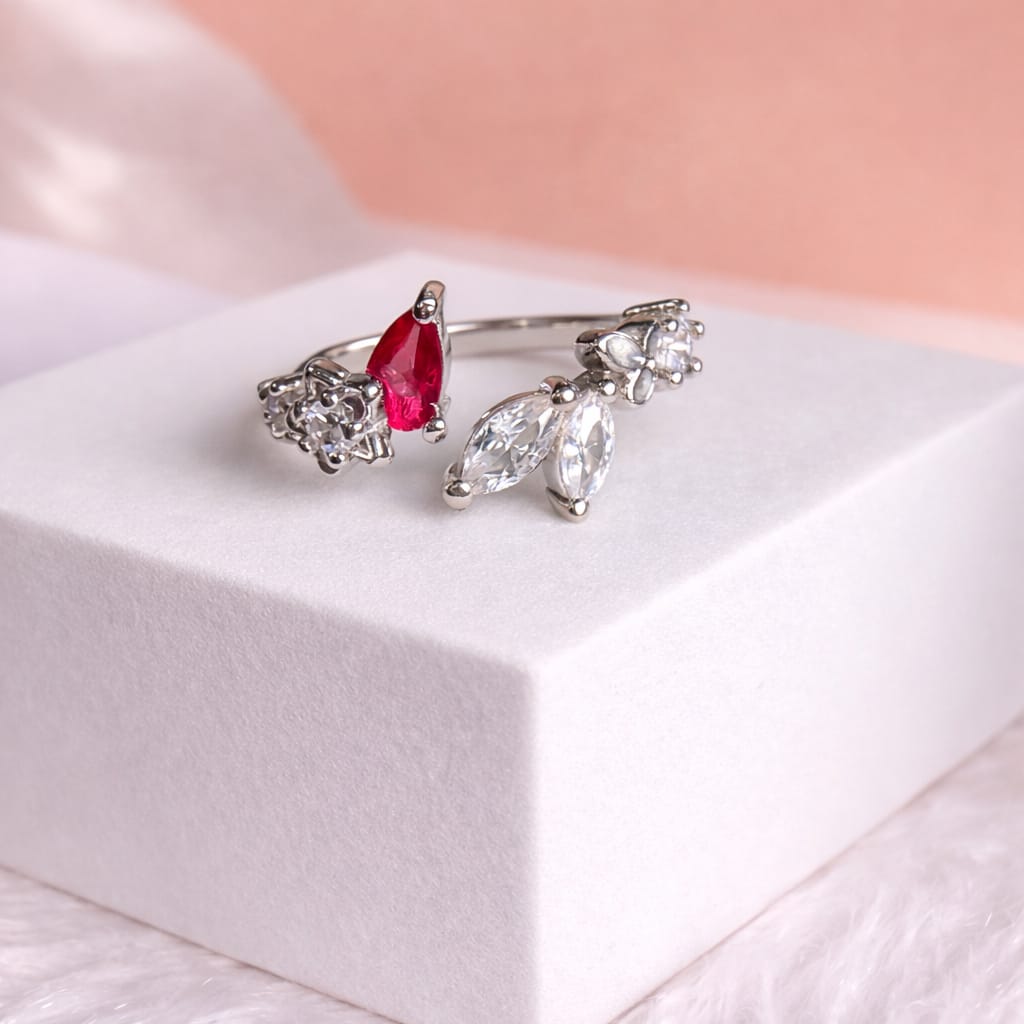 Ruby Accent Floral Adjustable Ring for Women