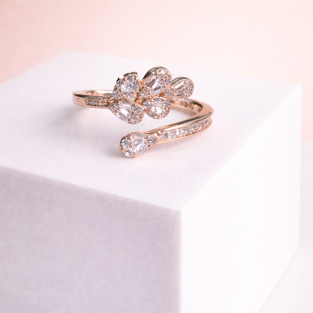 Rose Gold Floral Crystal Adjustable Ring for Women