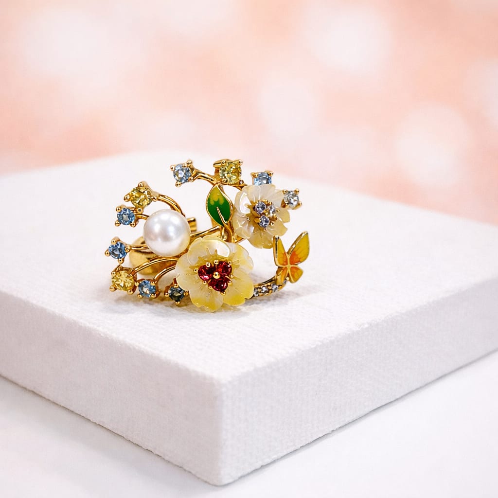 Gold-Plated Floral MOP Statement Ring