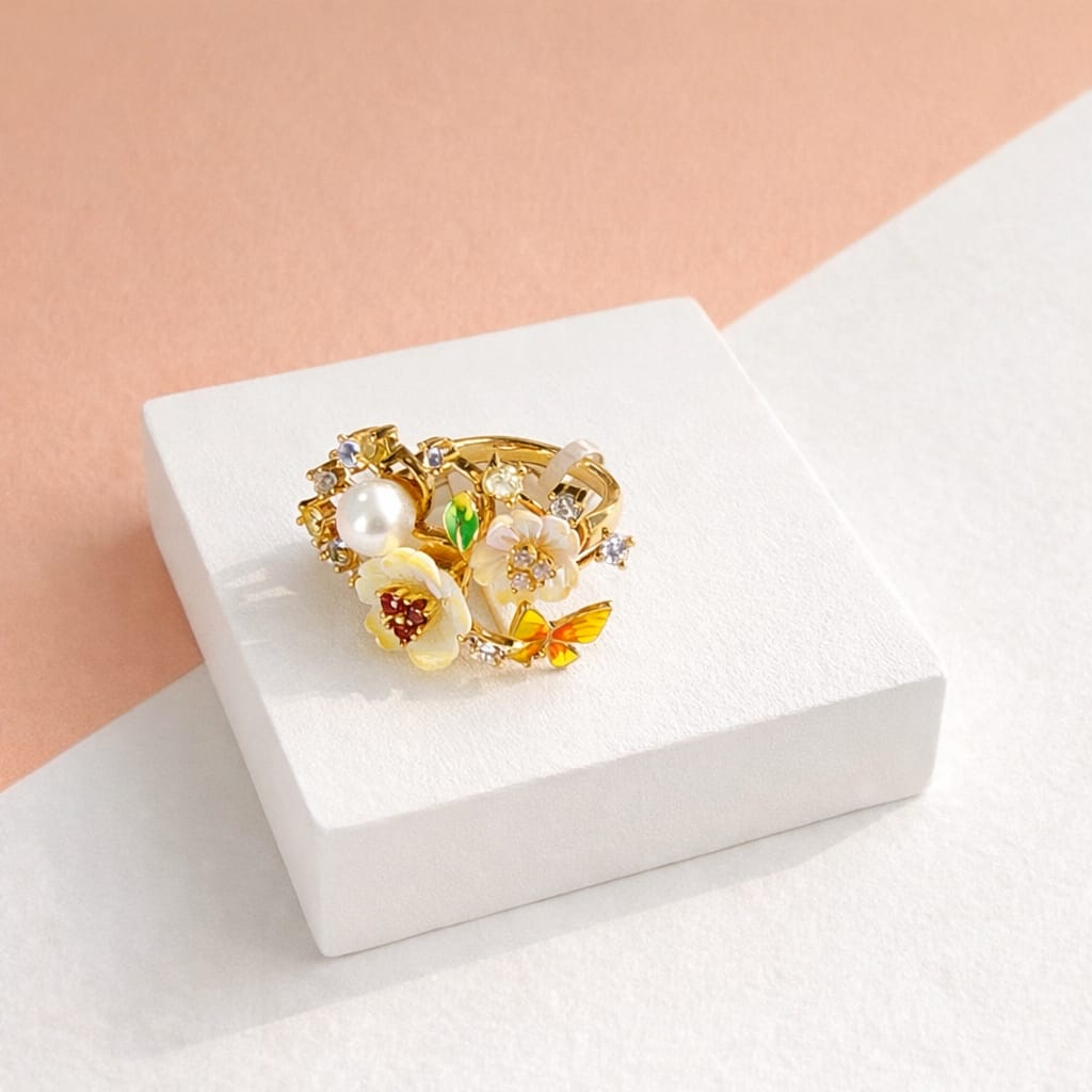 Gold-Plated Floral MOP Statement Ring
