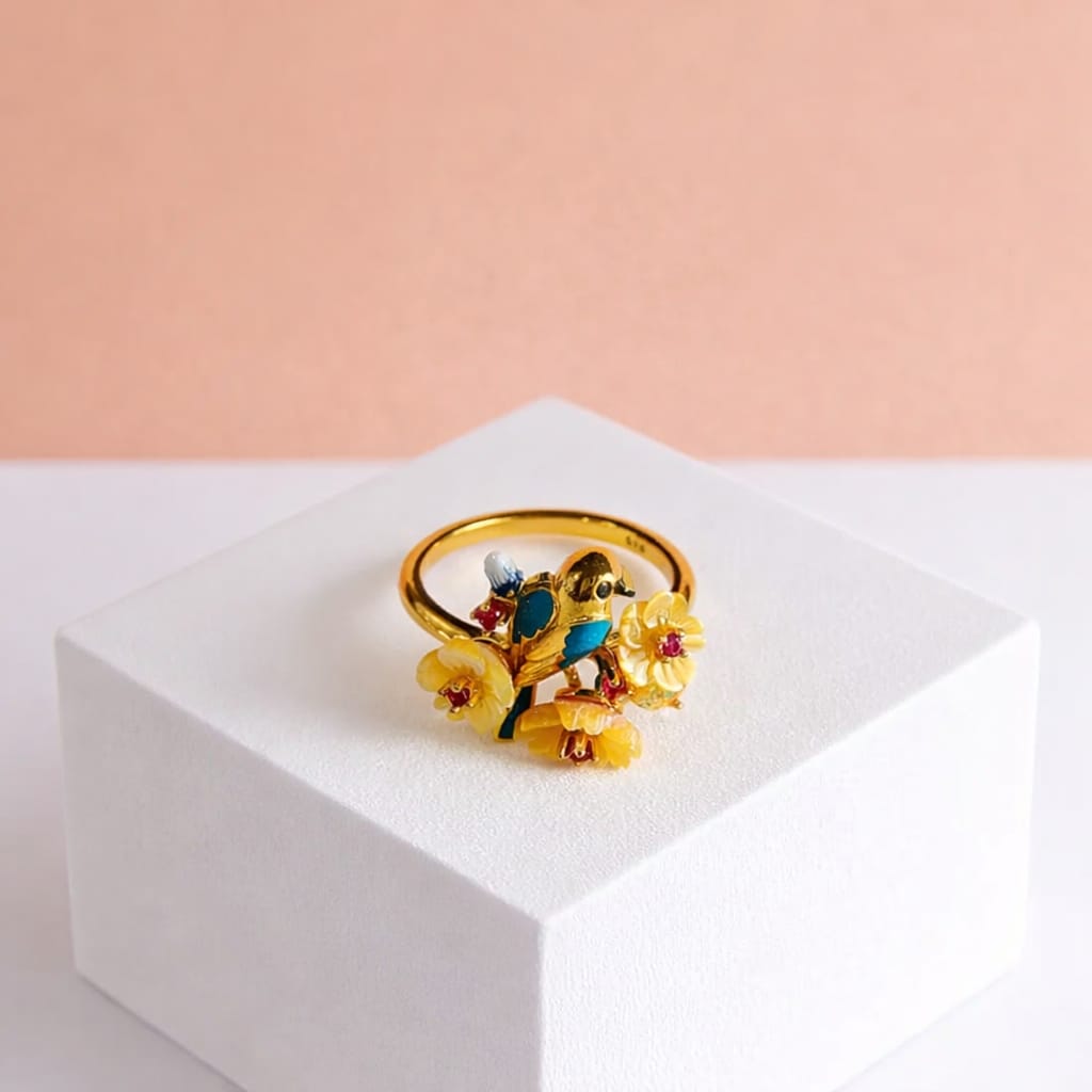 Gold-Plated Bird & Floral Enamel Statement Ring