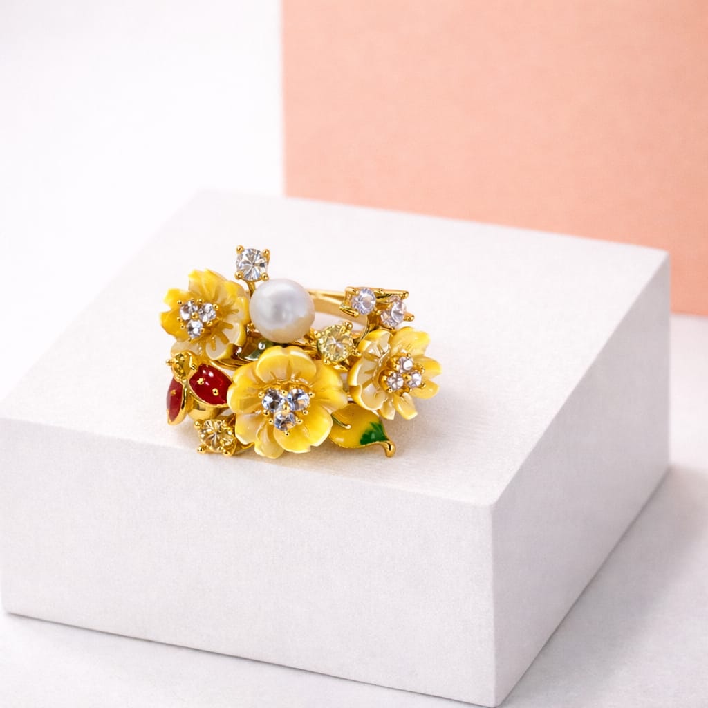 Yellow Floral Statement Ring with Pearl & Crystal Accents
