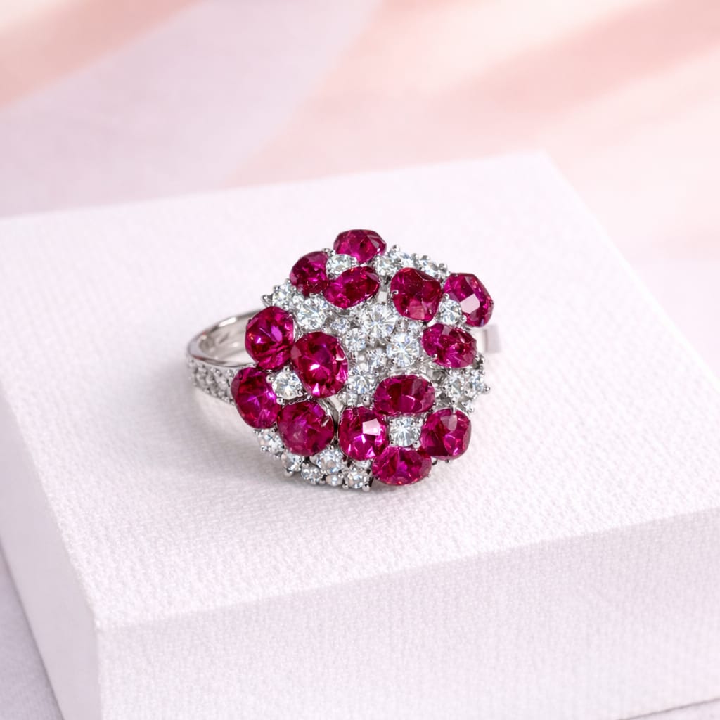 Ruby-Red Cluster Statement Ring with Cubic Zirconia